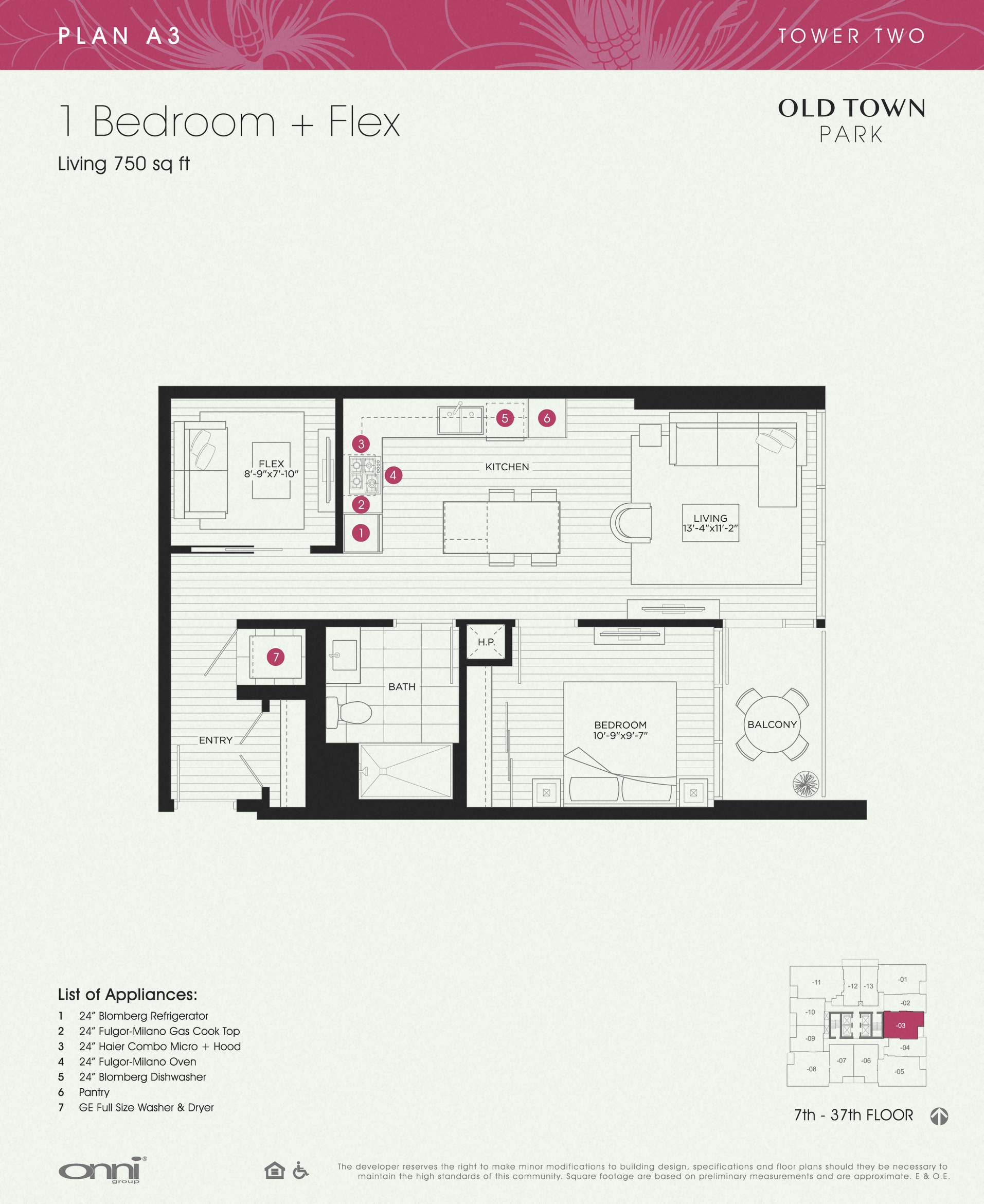 Floor plan for 1 bed, 1 bath, 750 sqft